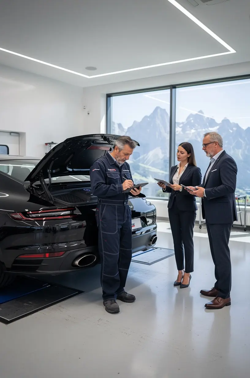 Eleganter europäischer Sportwagen steht bereit für eine fachgerechte Inspektion im spezialisierten Servicezentrum.