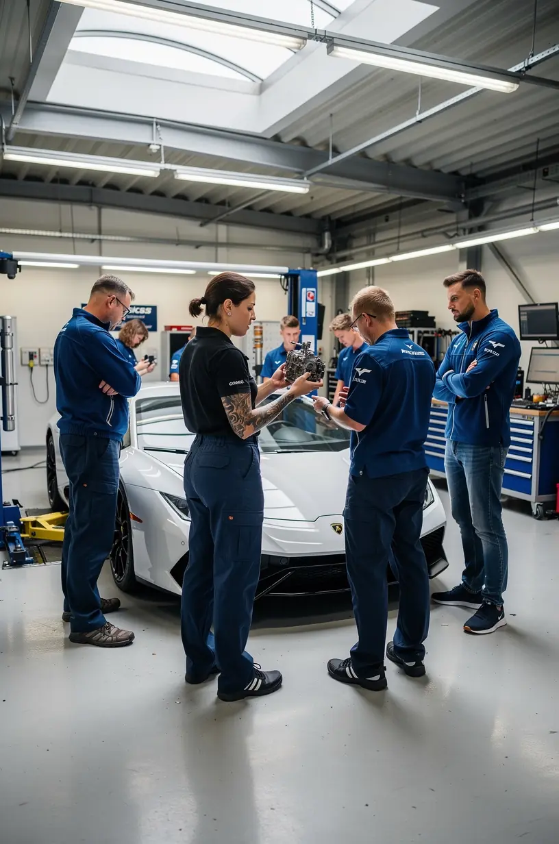 Team von Spezialisten arbeitet sorgfältig an der Motorwartung eines Premiumfahrzeugs in einer hochwertigen Werkstatt.