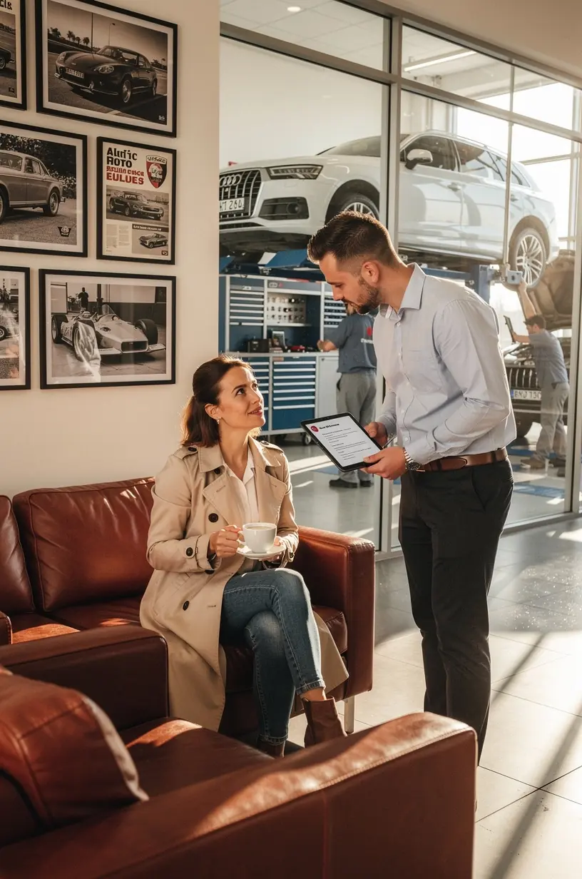 Erfahrener Mechaniker prüft sorgfältig einen Premium-Europawagen in einer professionellen Werkstatt.